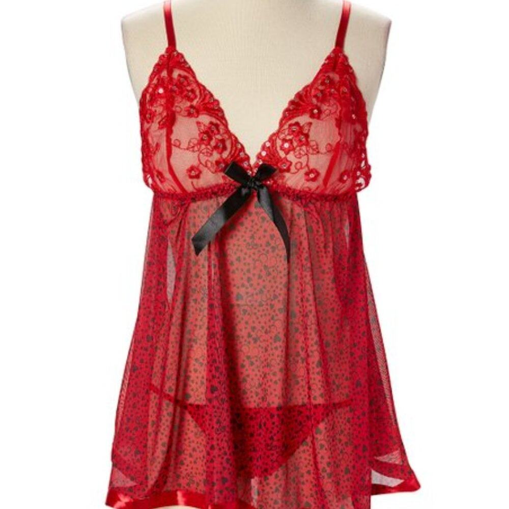 Spree Intimates Red Lace Heart Wireless Babydoll & Thong Set Size S
